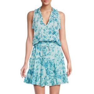 Poupette St Barth "Clara" Floral Blouson Mini Dress in “Aqua Grasse" Size Large
